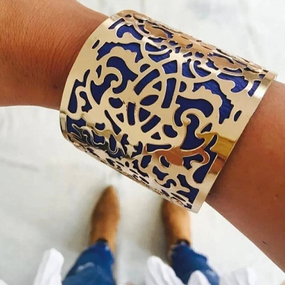 NEW Eye Candy LA Wide Cuff Bracelet Gold-Tone Filigree Overlay Blue Leather